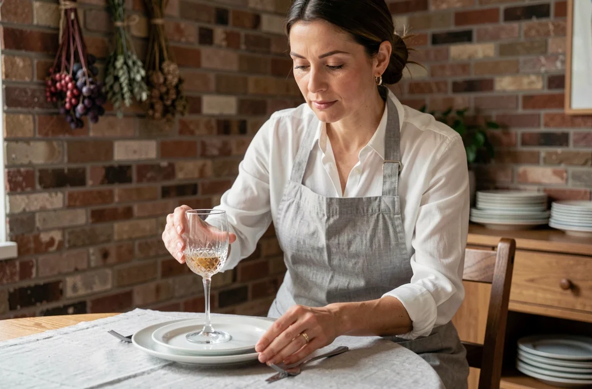 Femme plaçant un verre à vin au-dessus d'une assiette sur une table ronde en bois, illustrant la méthode visuelle de disposition des verres lors d'un dressage de table
