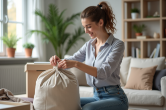 Femme souriante emballant des objets dans des sacs en tissu