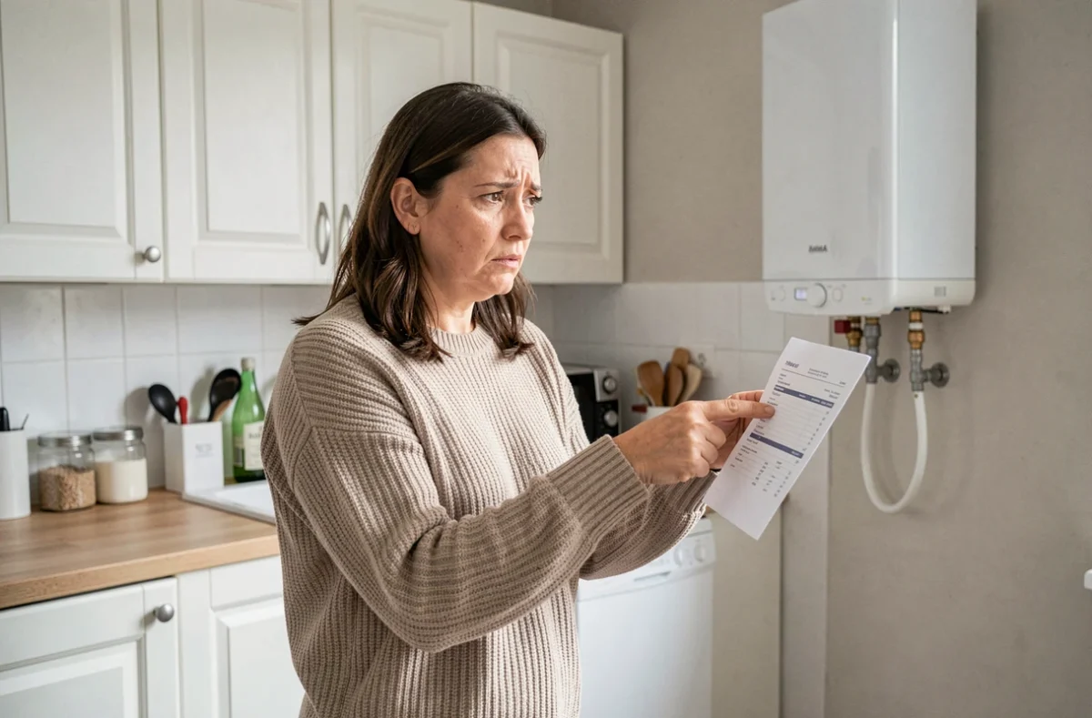 Femme inquiète consultant une facture devant son chauffe-eau dans une cuisine appartement