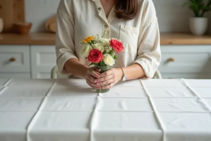 Femme arrangeant un bouquet de fleurs dans une cuisine moderne