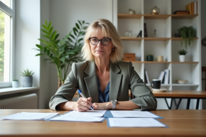 Femme d'âge moyen remplissant des formulaires chez elle