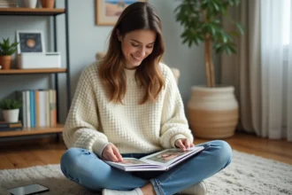 Jeune femme arrangeant des photos dans un album cosy