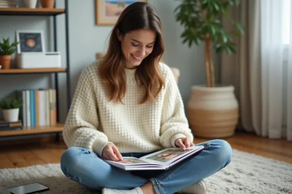 Jeune femme arrangeant des photos dans un album cosy