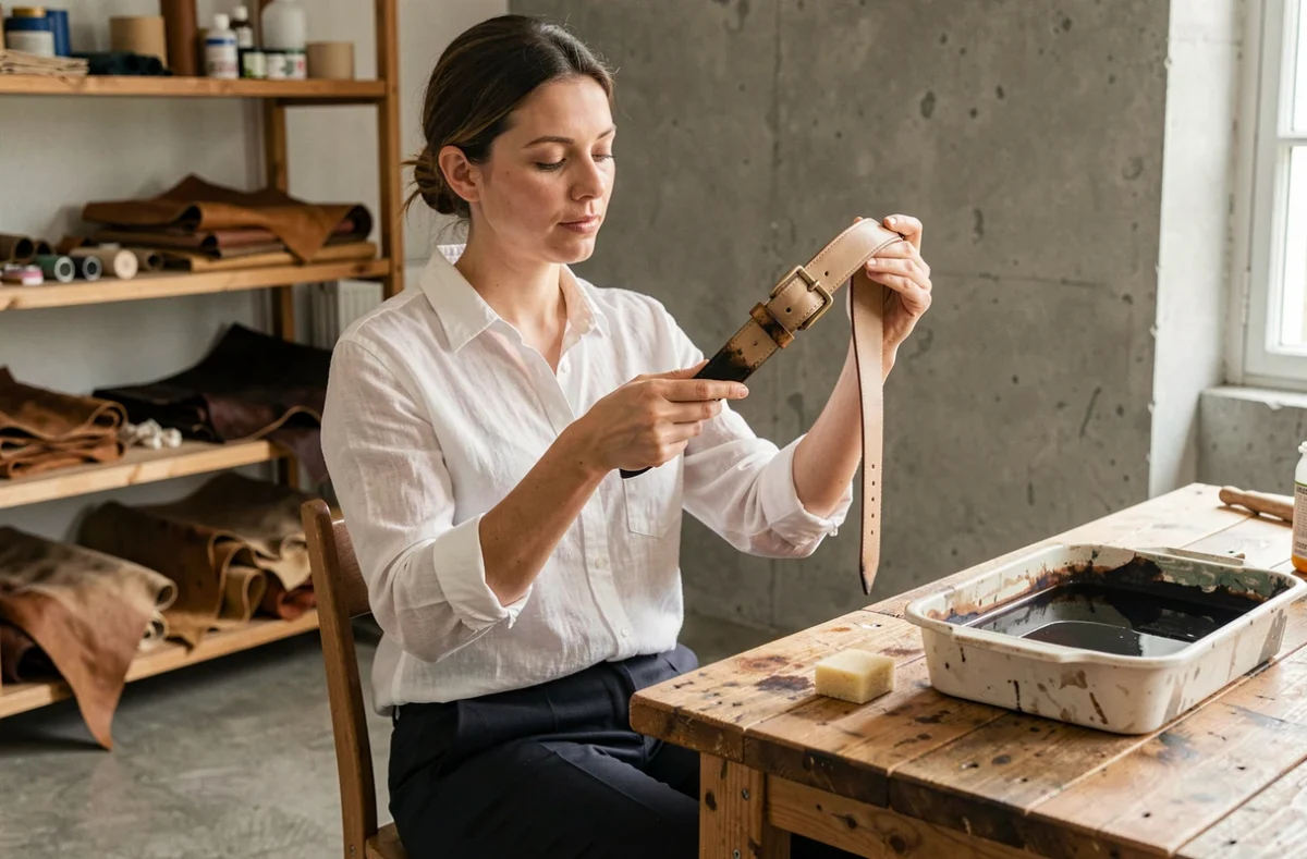 Femme inspectant une ceinture en cuir après application d'une teinture foncée dans un atelier artisanal