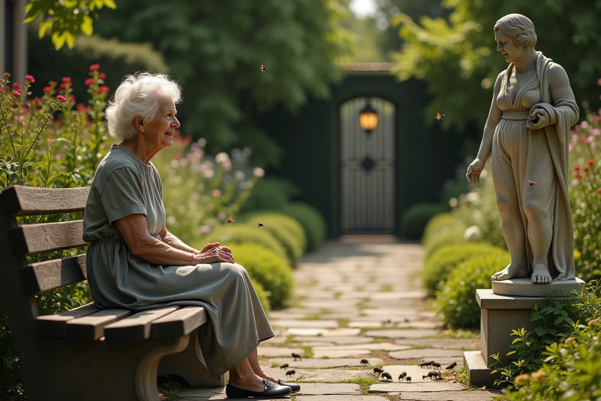 Femme âgée dans un jardin contemplant des mouches sur une statue