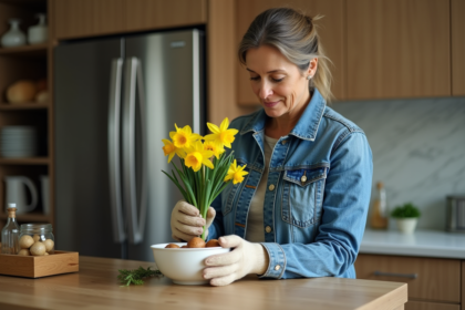 Femme en jardinage intérieur avec bulbes de daffodils
