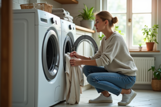 Femme chargant un lave-linge moderne dans une buanderie lumineuse
