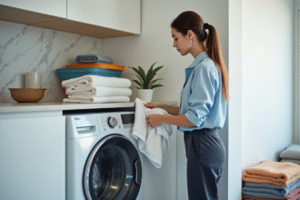 Jeune femme plie des serviettes dans une buanderie moderne