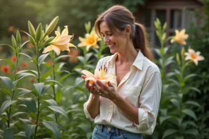 Femme dans un jardin cueillant une lys blanche avec sérénité