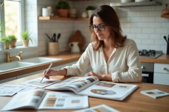 Femme consultant des magazines de décoration et rénovation maison à une table en bois avec des nuanciers de couleurs