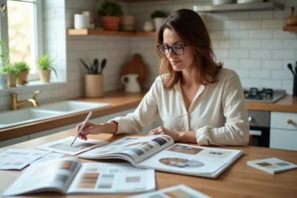 Femme consultant des magazines de décoration et rénovation maison à une table en bois avec des nuanciers de couleurs