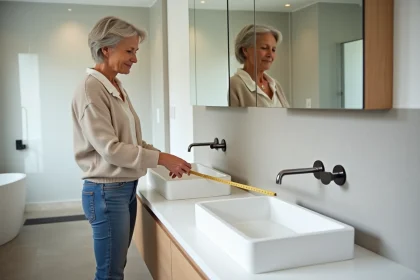 Femme mesurant un lavabo moderne dans une salle de bain rénovée