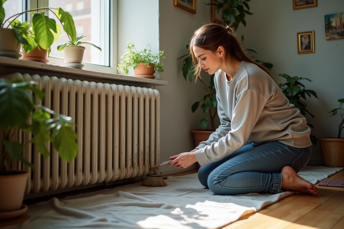 Jeune femme nettoyant un radiateur dans un appartement