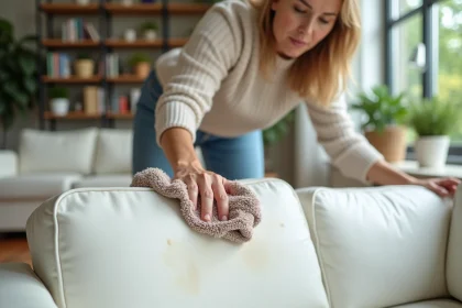 Femme nettoyant un canapé en cuir blanc avec un chiffon