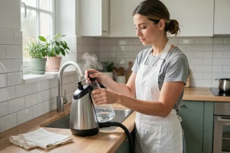 Femme remplissant un nettoyeur vapeur h20 avec de l'eau du robinet dans une cuisine moderne et naturelle
