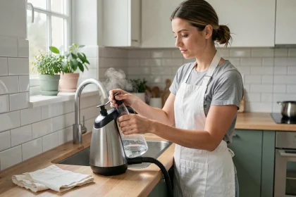 Femme remplissant un nettoyeur vapeur h20 avec de l'eau du robinet dans une cuisine moderne et naturelle