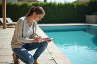 Femme assise près d'une piscine extérieure en réfléchissant