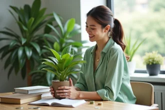 Femme souriante tenant une plante jade dans un bureau moderne