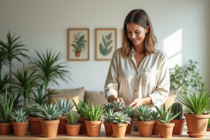 Femme arrangeant plantes grasses dans un salon lumineux