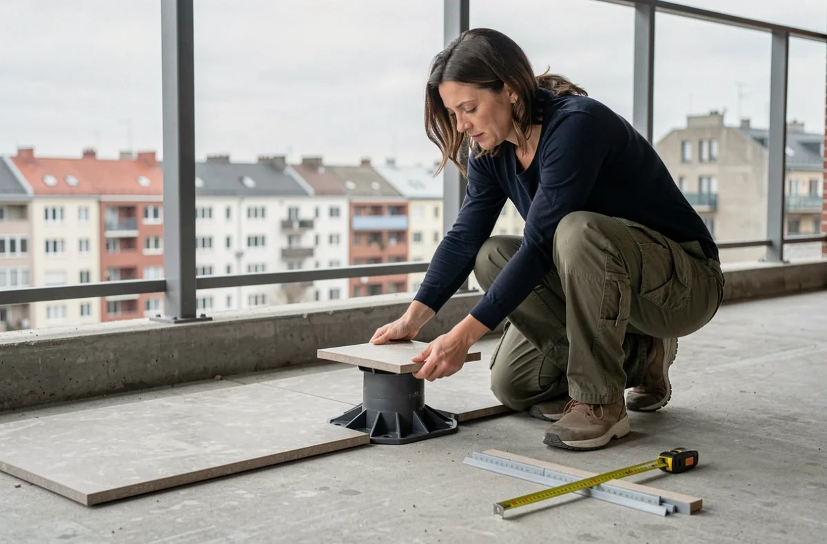 Femme ajustant des plots réglables sous des dalles sur un balcon urbain pour économiser sur le prix au m²