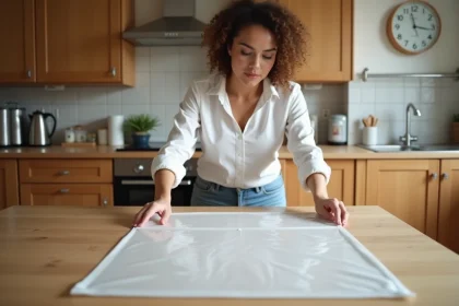 Femme posant un tapis plastique sur une table de cuisine chaleureuse