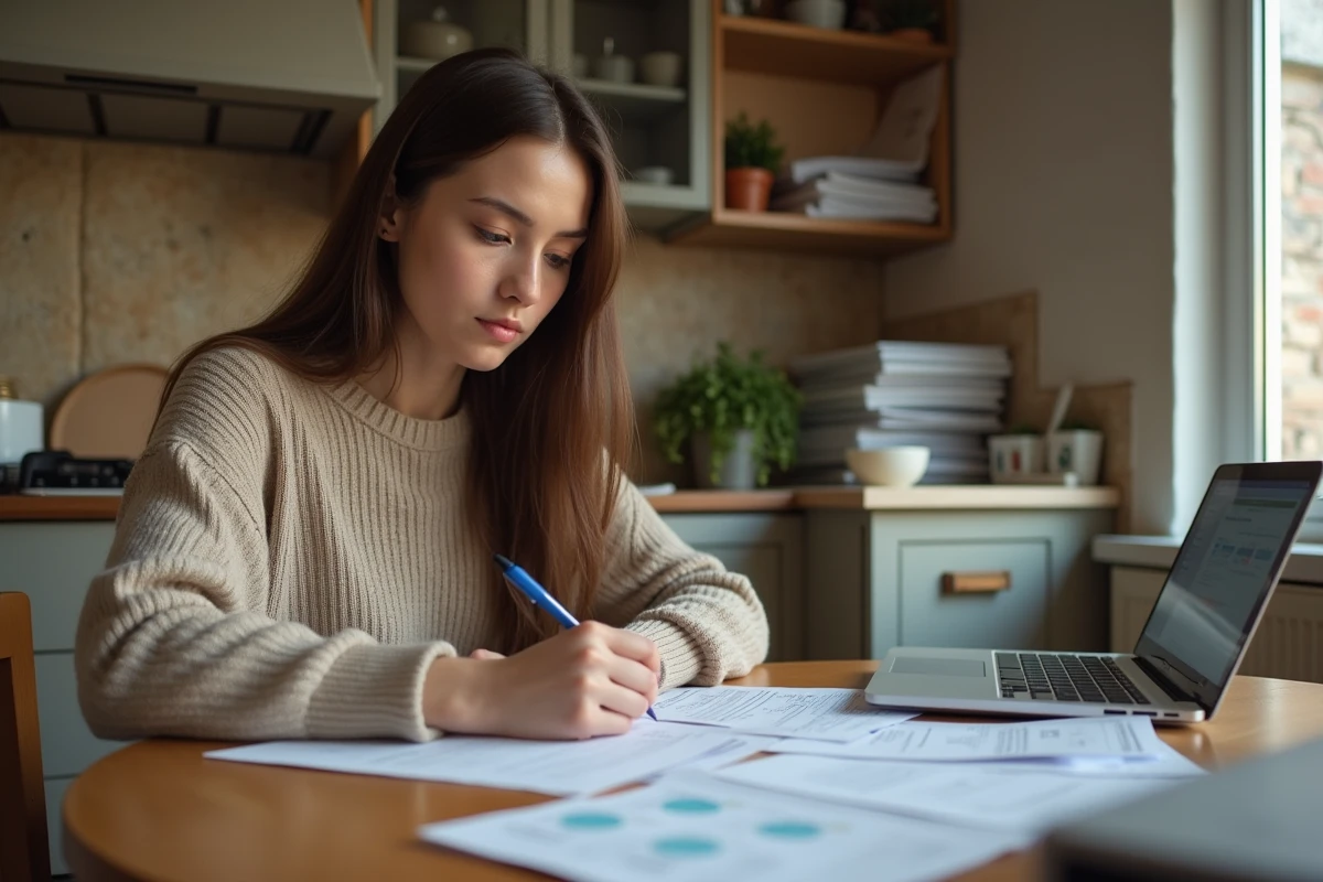 Jeune femme en cuisine remplit des papiers pour aide financière