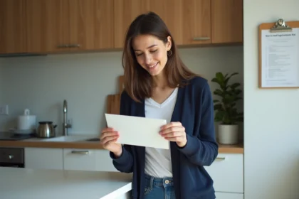 Femme vérifiant une enveloppe dans sa cuisine moderne
