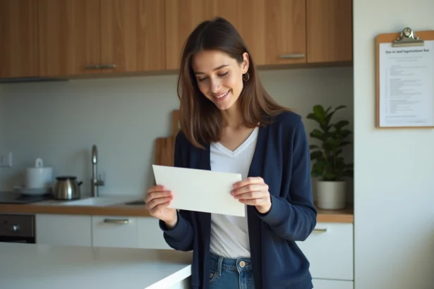 Femme vérifiant une enveloppe dans sa cuisine moderne