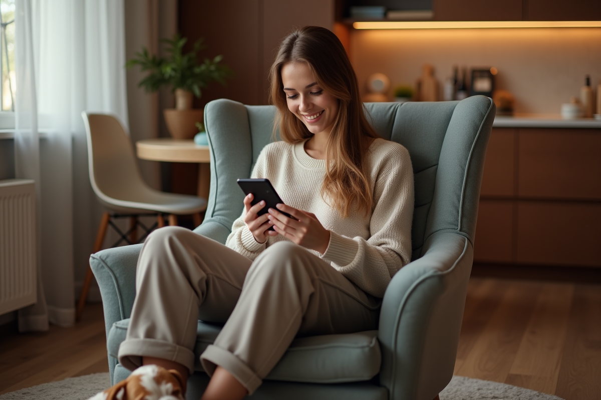 Femme relaxe ajustant le thermostat sur une tablette dans un intérieur chaleureux