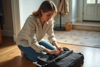 Femme agenouillée tentant de débloquer une fermeture éclair coincée en bas d'une valise avant un voyage