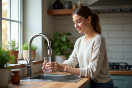 Jeune femme remplissant un filtre à eau dans la cuisine
