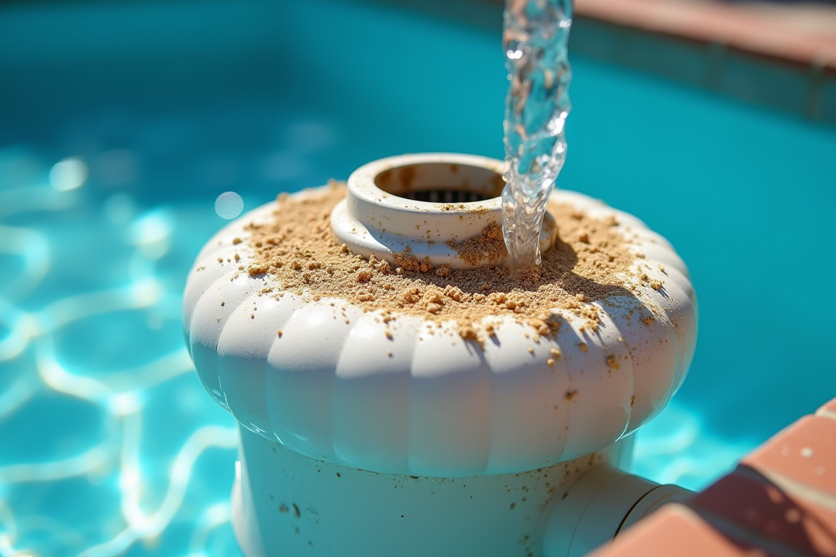 Filtre de piscine avec sable et débris en gros plan
