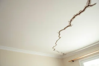 Fissure fine et superficielle sur un plafond en plâtre blanc dans un appartement, vue en gros plan montrant une lézarde capillaire diagonale
