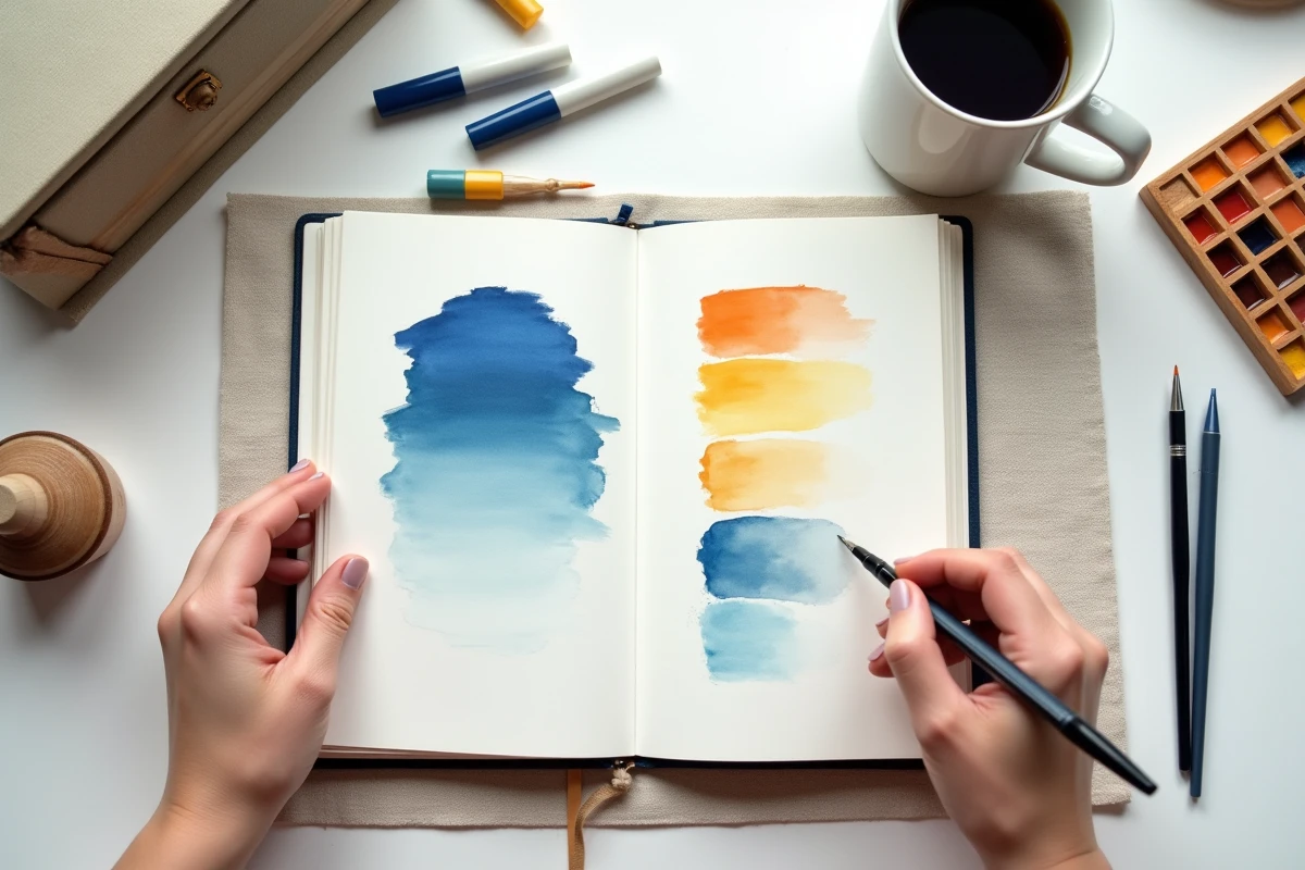 Flat-lay artistique d'un carnet de croquis avec études de couleurs complémentaires bleu sur bureau créatif