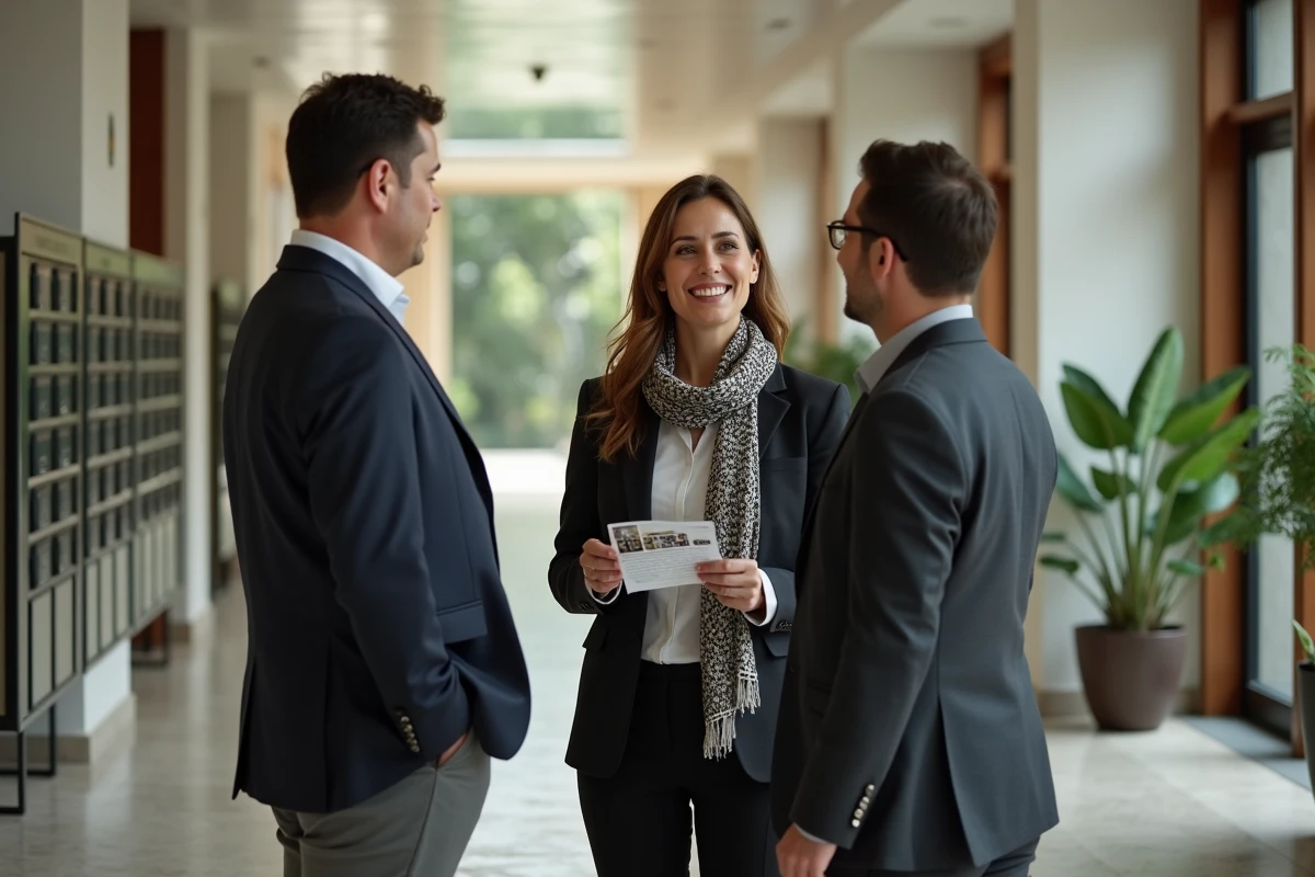 Gestionnaire immobiliere discutant avec residents dans le hall