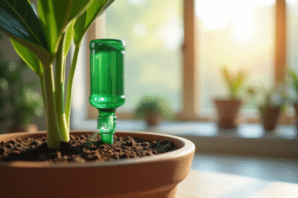 Goutteur automatique fait maison avec bouteille recyclée dans une plante verte