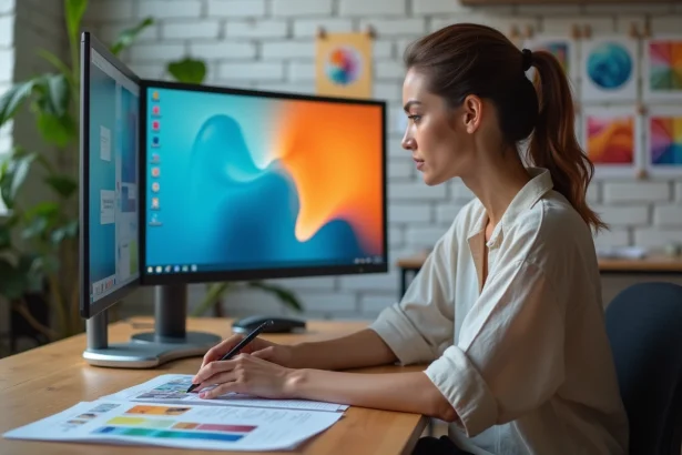 Graphiste professionnelle travaillant sur une palette de couleurs complémentaires bleu et orange sur écran de studio