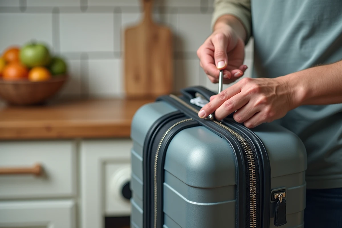Gros plan de mains utilisant de la vaseline et un tournevis pour débloquer une fermeture éclair coincée sur une valise cabine