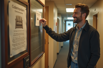 Homme souriant affichant une annonce de sofa gratuit dans un hall d'immeuble