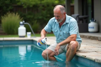 Homme versant de l'eau de javel dans la piscine en extérieur