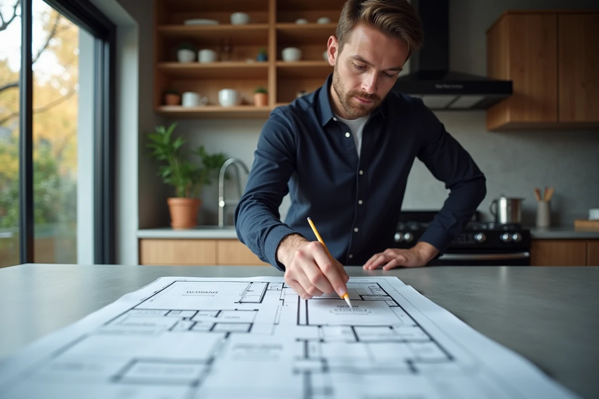Homme analysant un plan de maison imprimé sur un comptoir de cuisine pour corriger des erreurs de conception