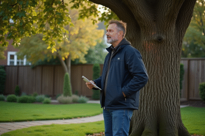 Homme inspectant un grand chene dans un jardin résidentiel