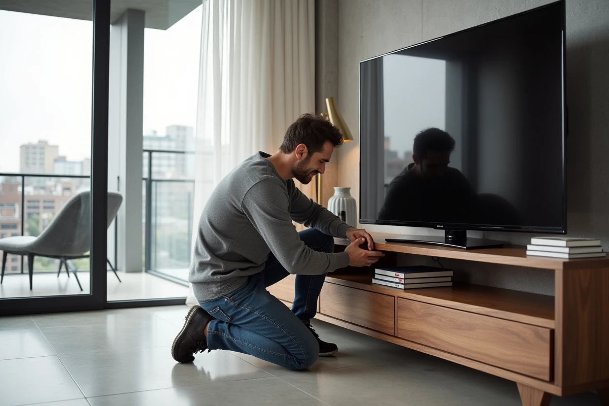 Homme arrangeant des livres sur une étagère dans un appartement lumineux