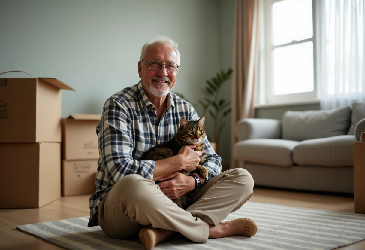 Homme senior assis avec un chat dans un salon en cours d