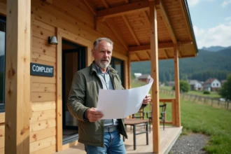 Homme français regardant plans de construction devant chalet