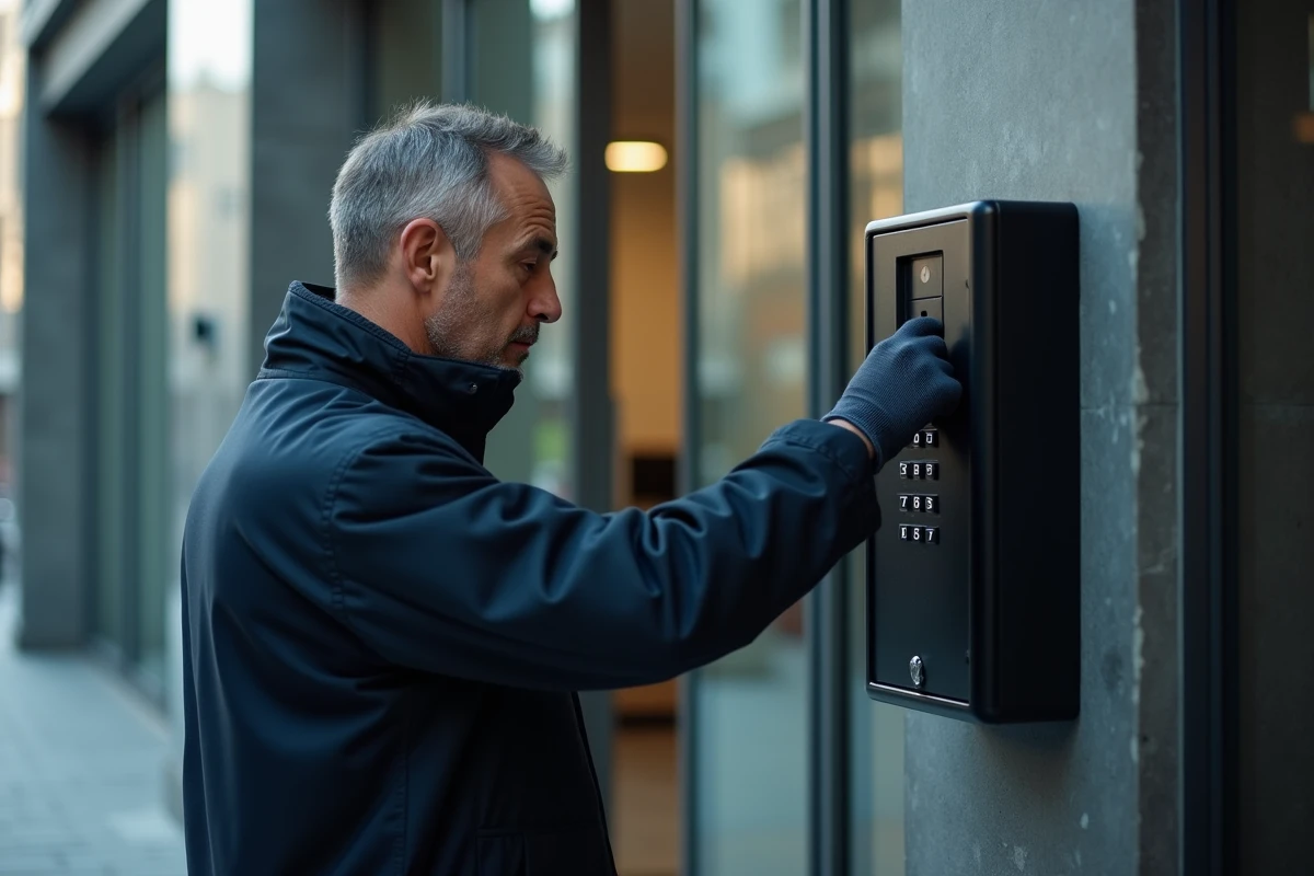 Homme inspectant un coffre à clé électronique à l'entrée d'un immeuble de bureaux moderne