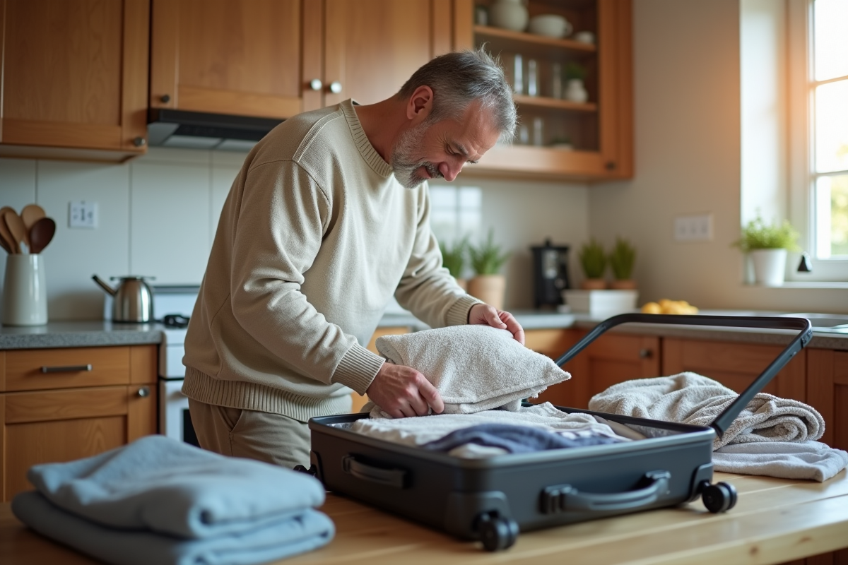 Homme faisant ses valises dans une cuisine lumineuse
