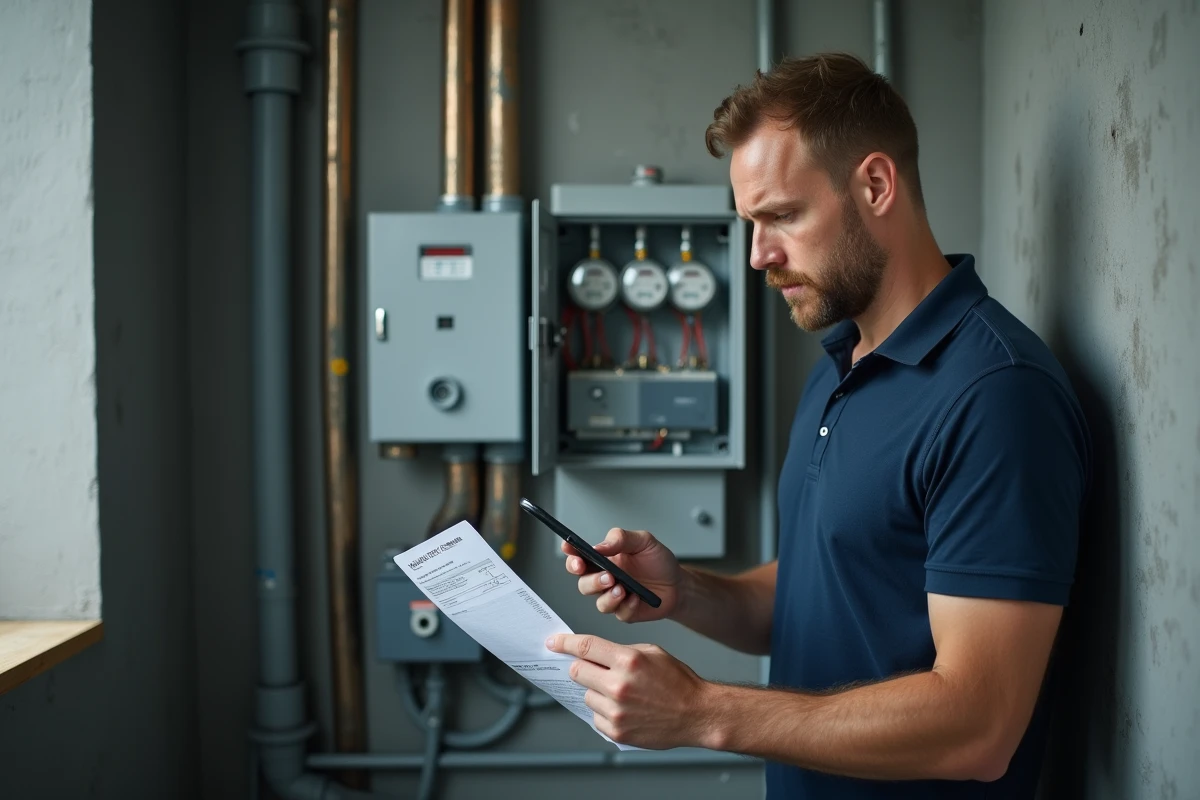Homme comparant sa facture d'électricité avec un outil de calcul de consommation en euros sur smartphone dans un local technique