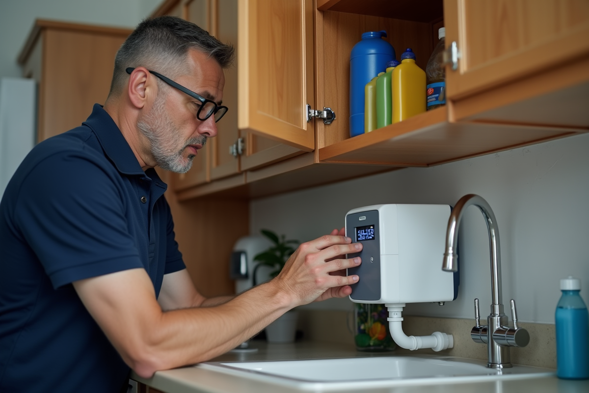 Homme installant un système de filtration sous l