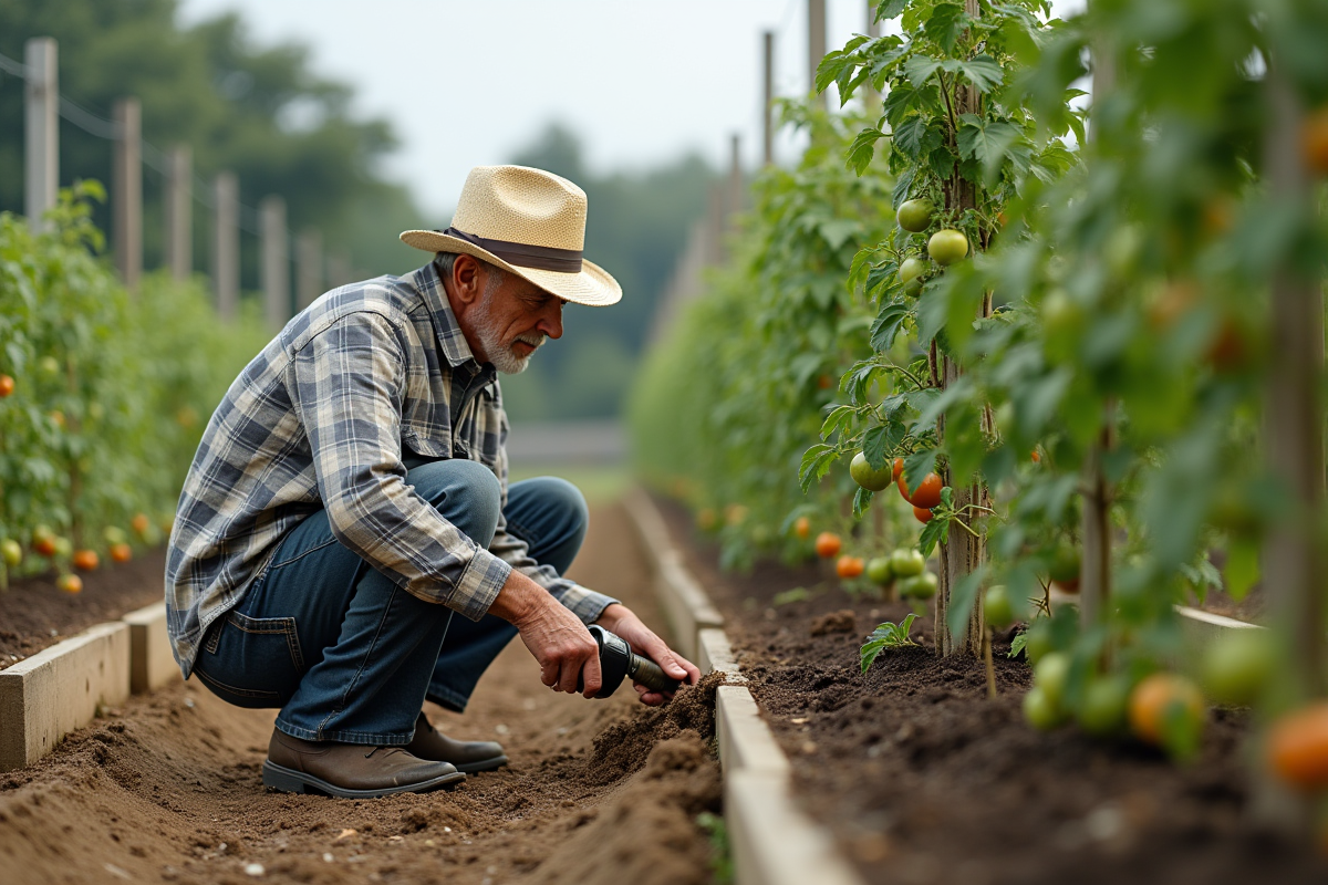 Homme âgé inspectant ses plants de tomates dans le jardin